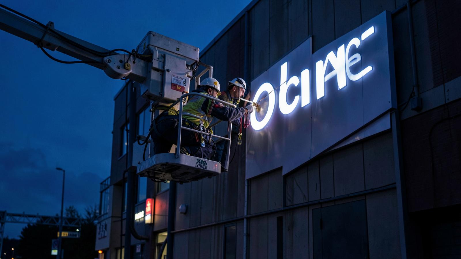 Technicien WIN SIGN en nacelle réparant une enseigne lumineuse